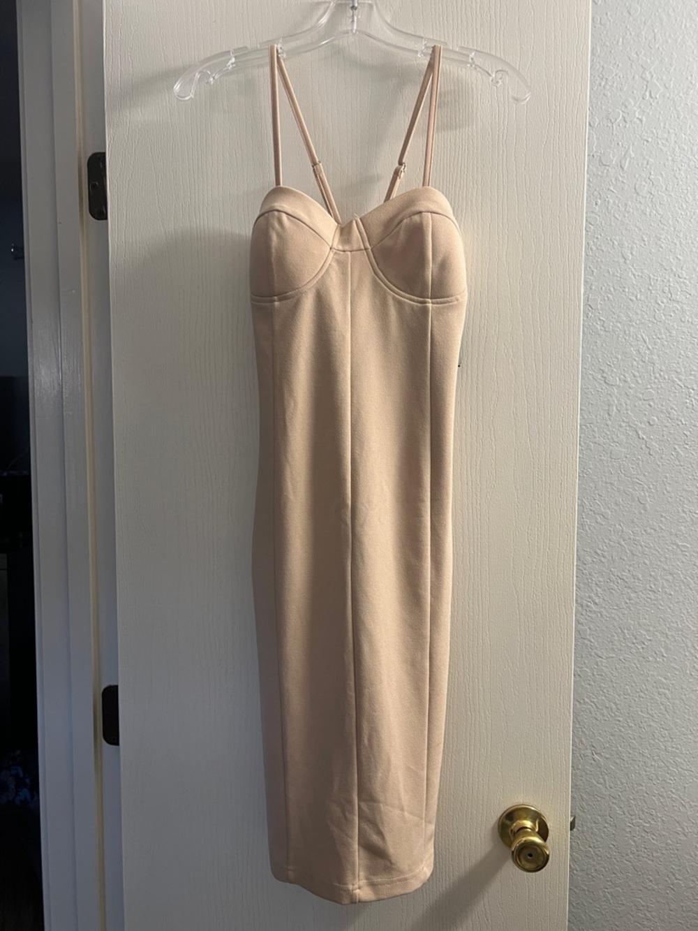 Sleek Nude Bodycon Midi Dress with Spaghetti Straps